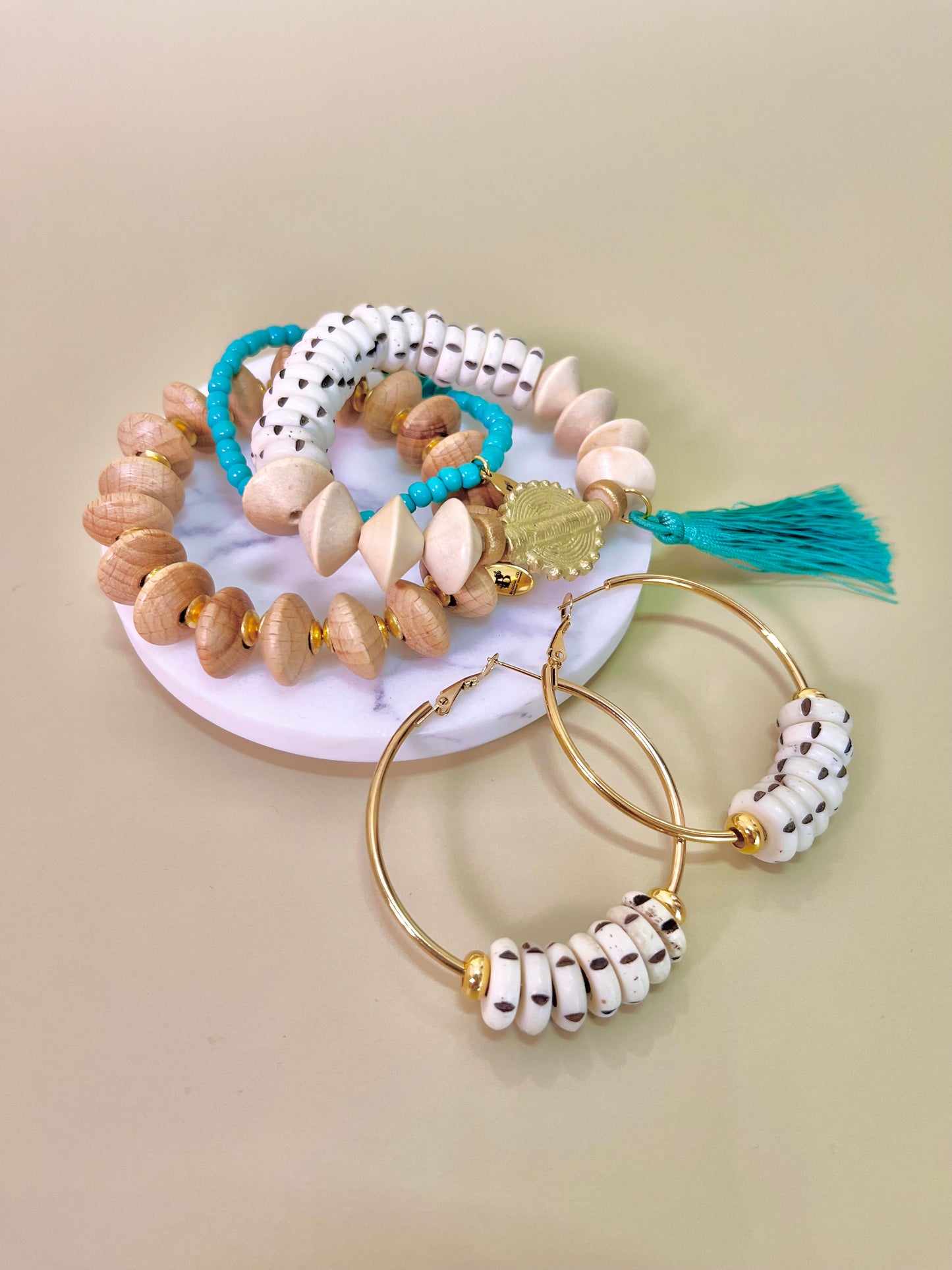 Carved bone & Wood beads Trio Bracelet