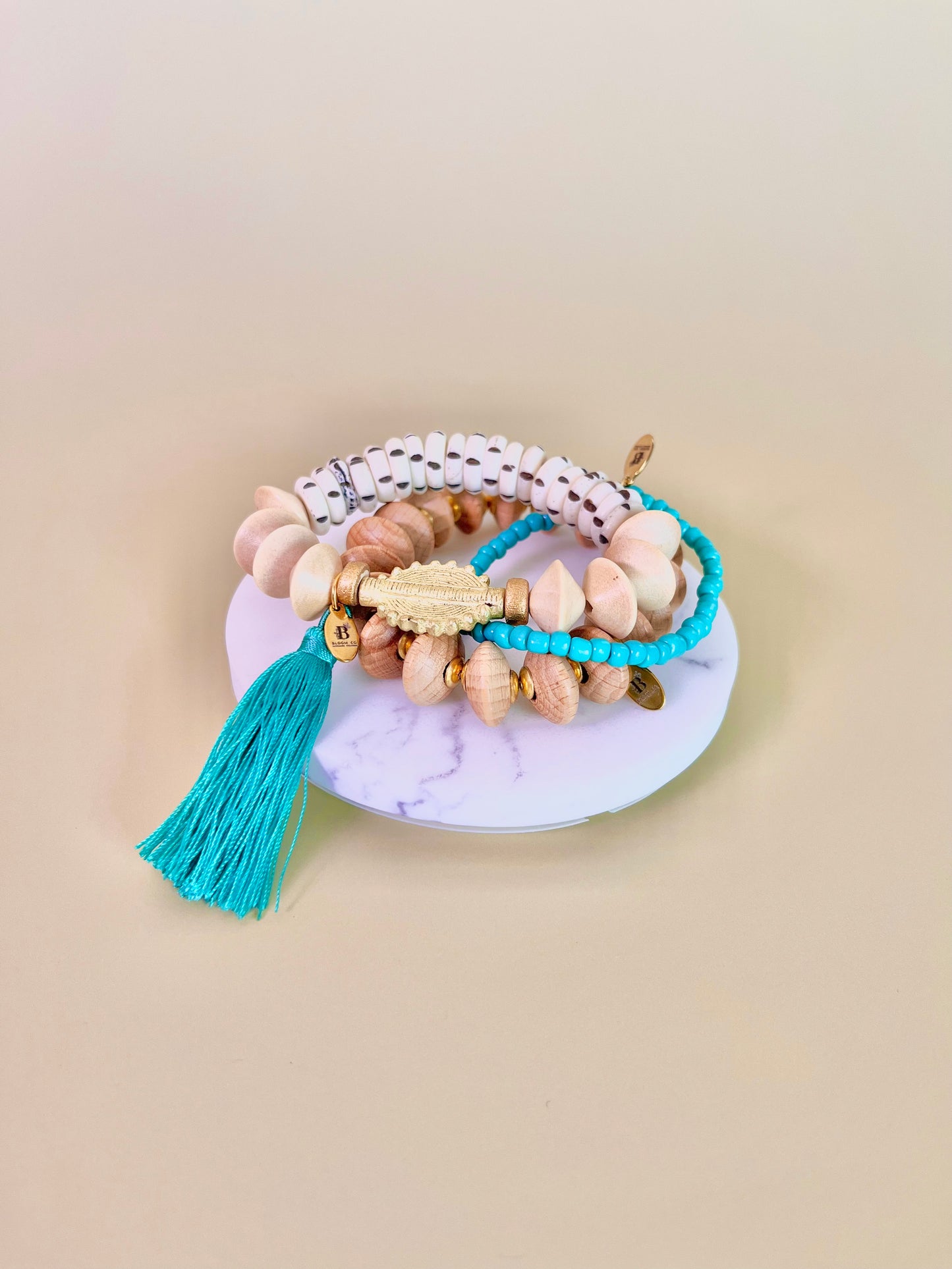 Carved bone & Wood beads Trio Bracelet