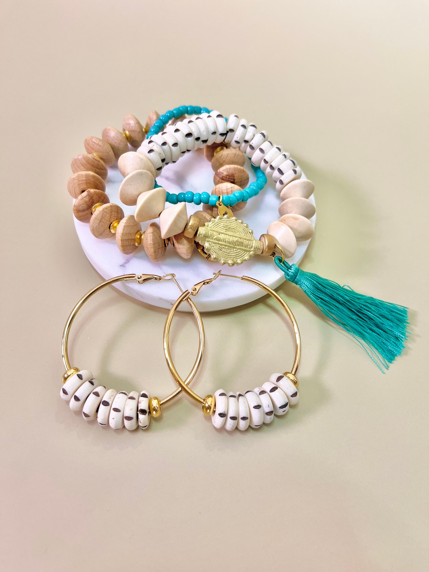 Carved bone & Wood beads Trio Bracelet