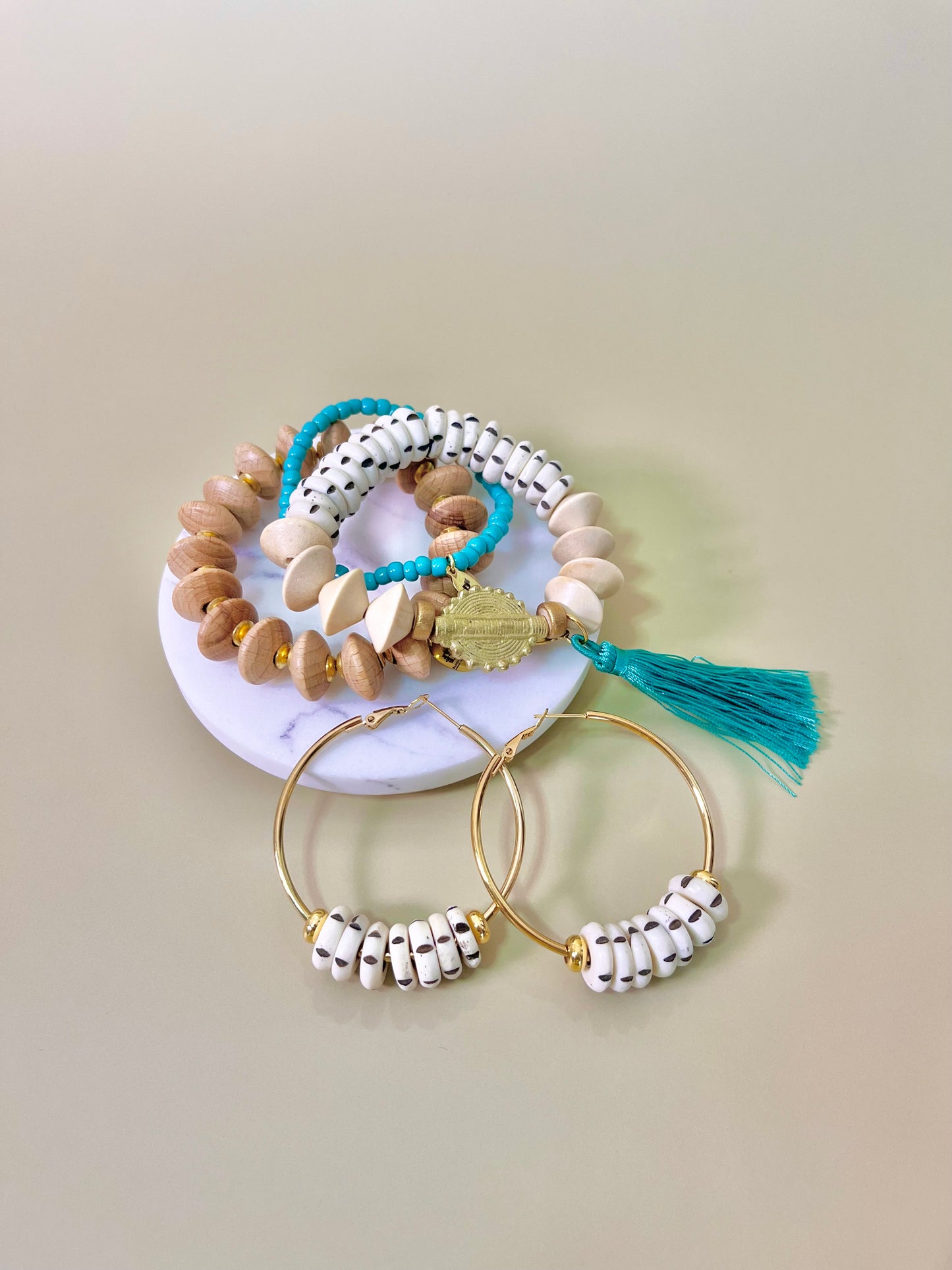 Carved bone & Wood beads Trio Bracelet