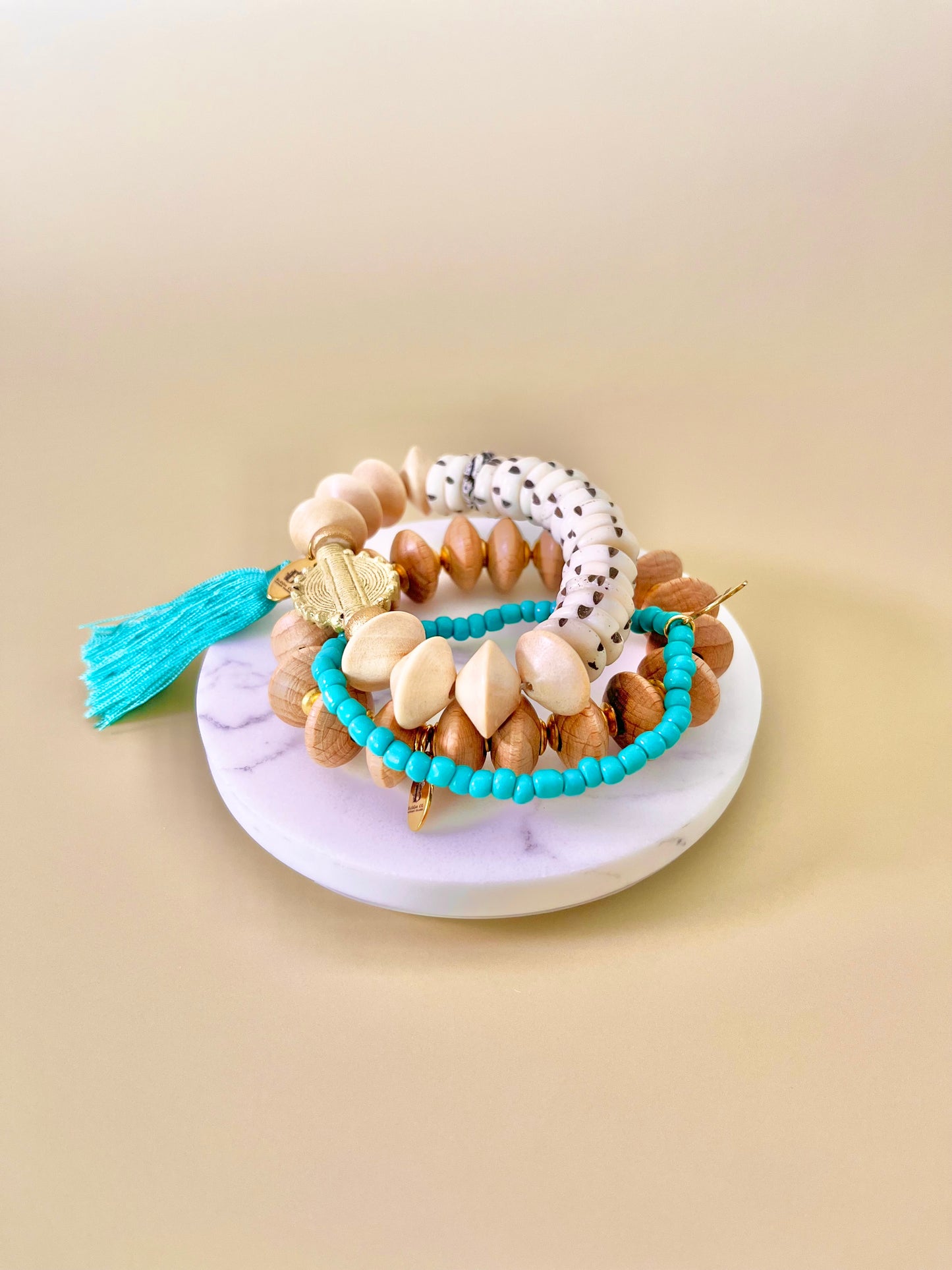 Carved bone & Wood beads Trio Bracelet