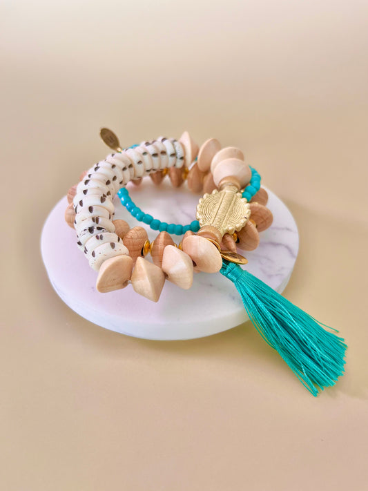Carved bone & Wood beads Trio Bracelet