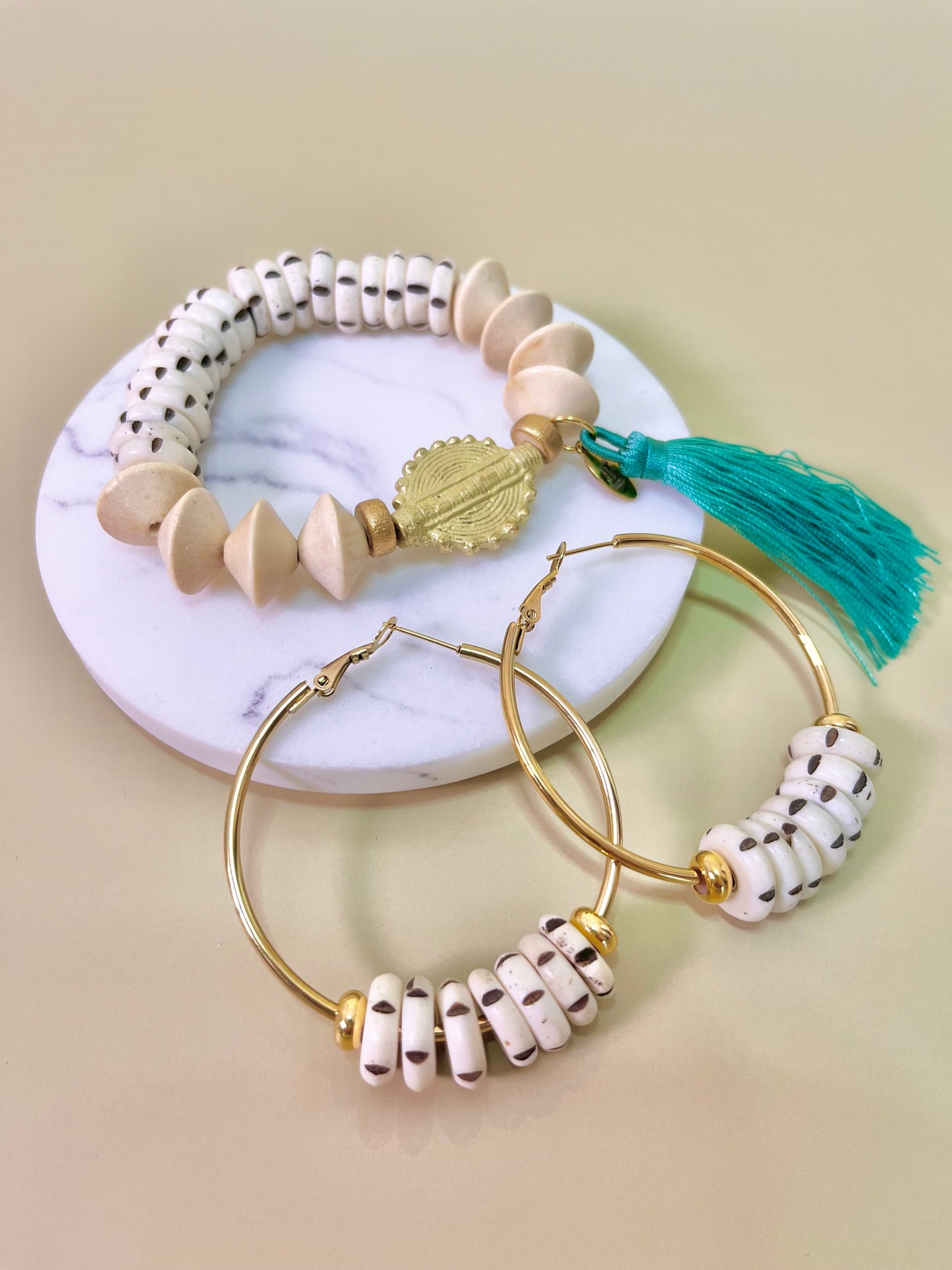 Carved bone & Wood beads Trio Bracelet